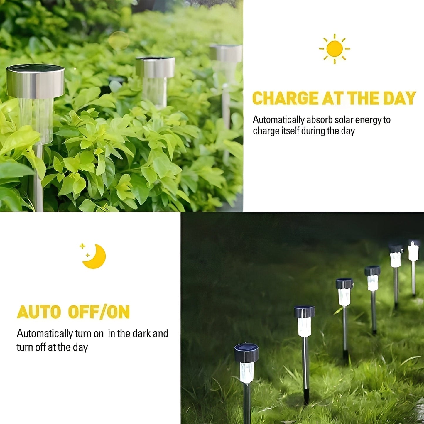 Solar Pathway Lights with Automatic Sensor and Stainless Steel Stakes, Set of 10