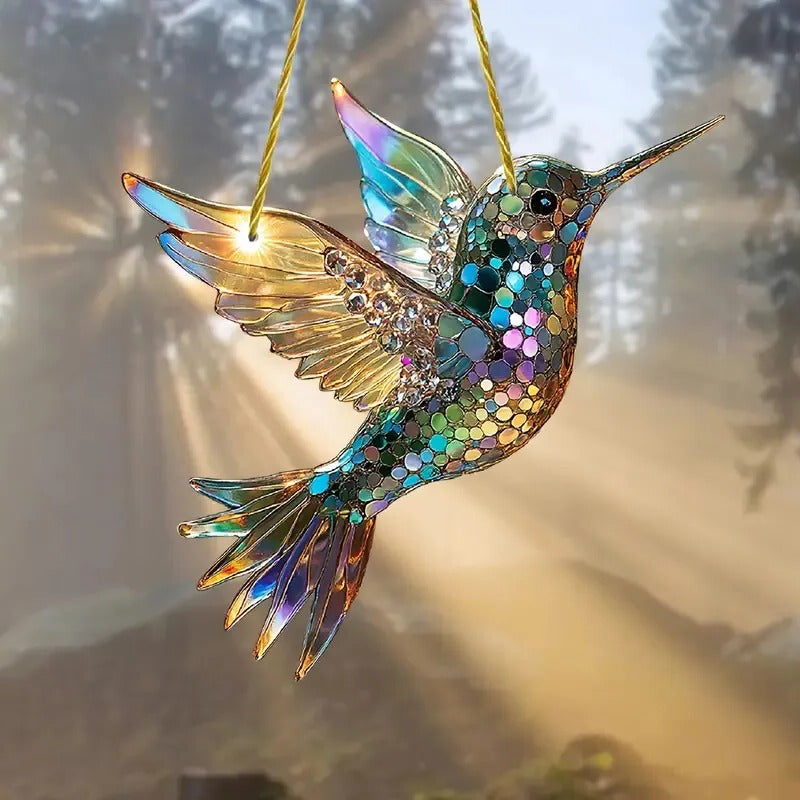 Colorful Bird Suncatcher Window Panel with Rainbow Light Reflections
