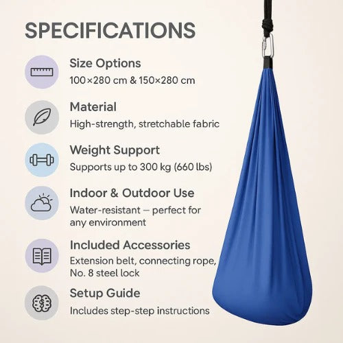 Enclosed Fabric Sensory Swing with Steel Lock and Extension Strap for Indoor Outdoor Use