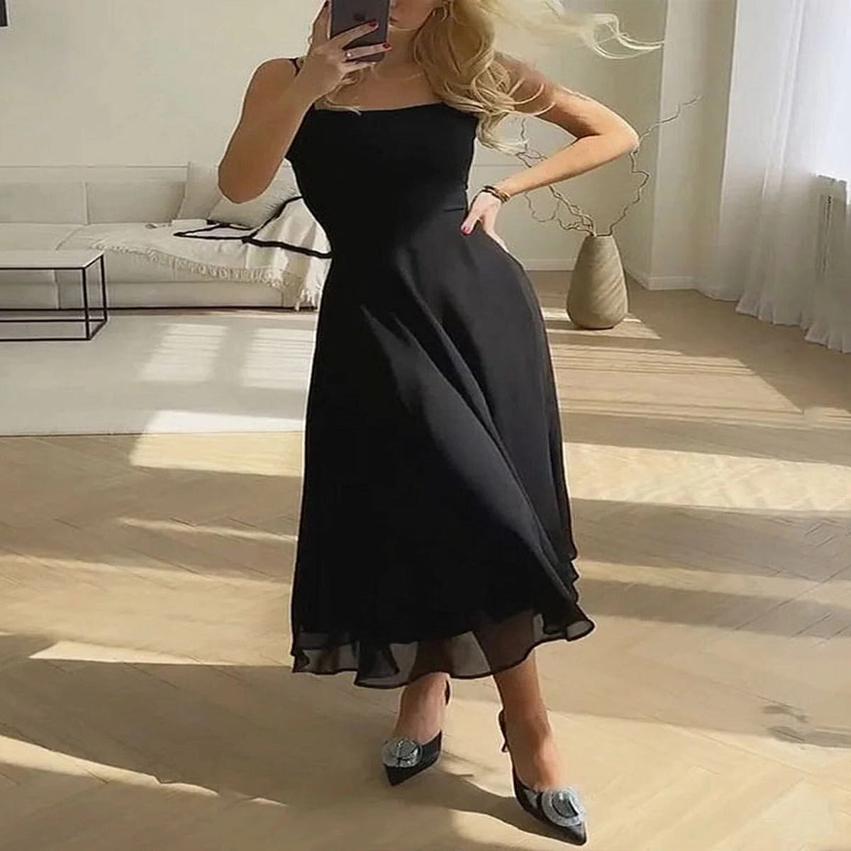 Midi Dress with Square Neckline for Summer Events