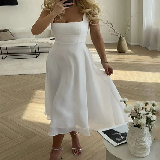 Midi Dress with Square Neckline for Summer Events