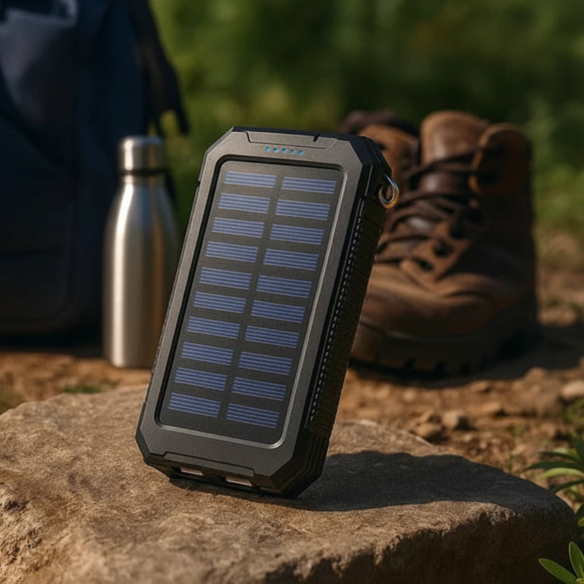 Solar Power Bank with Dual USB Ports and LED Light for Outdoor Camping