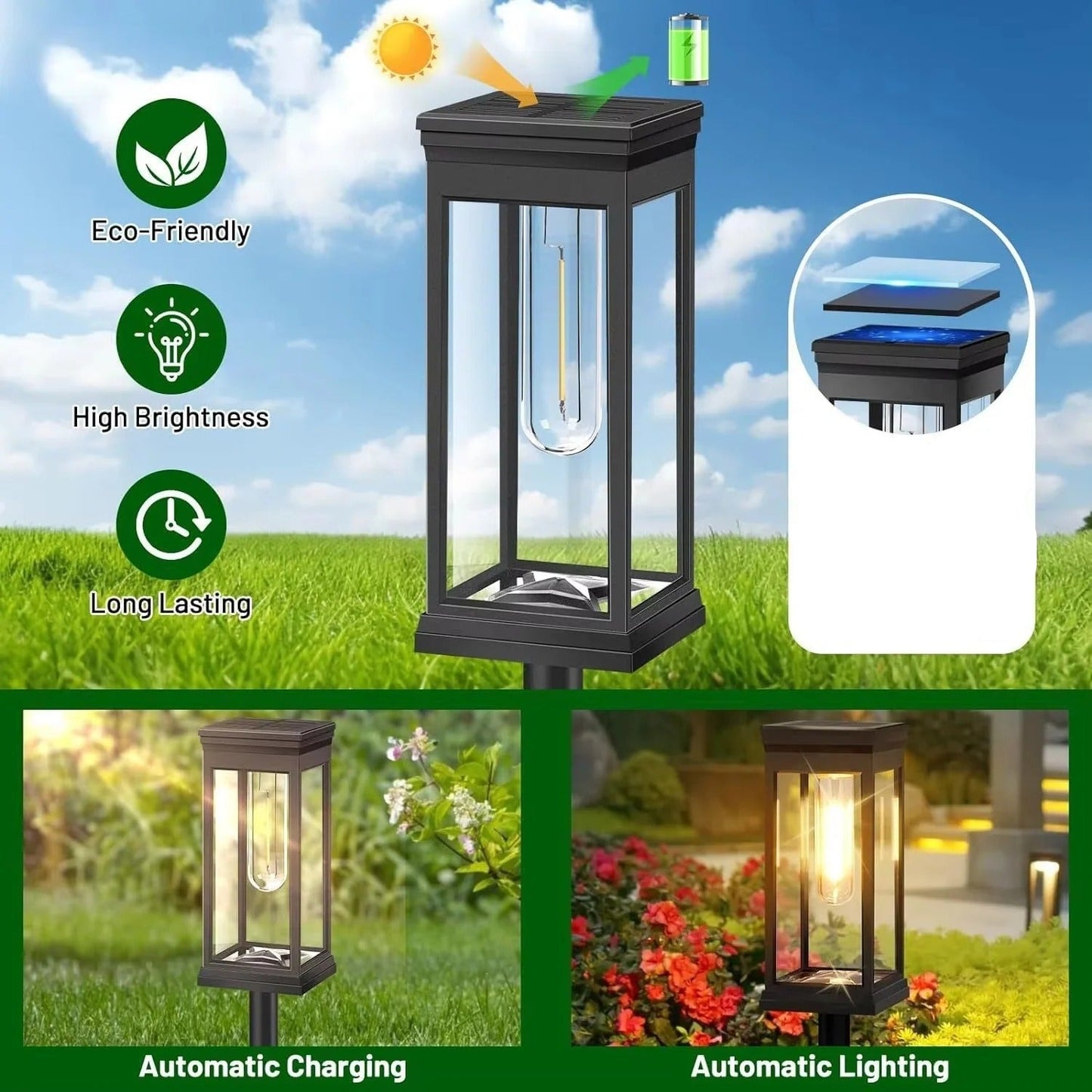 Outdoor Path Lights with Solar Panel and Automatic Sensor, Set of 2