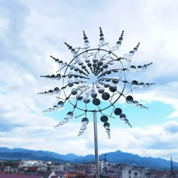 Dual Tier Metal Windmill with Ground Stake for Garden Lawn and Patio Decor