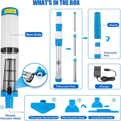 Cordless Pool Cleaner with Telescoping Pole and Three Interchangeable Brush Heads