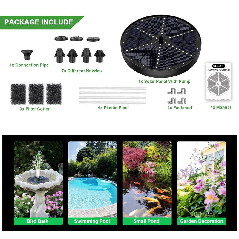 Solar Fountain with 8 Spray Patterns and 60 LED Lights for Bird Baths