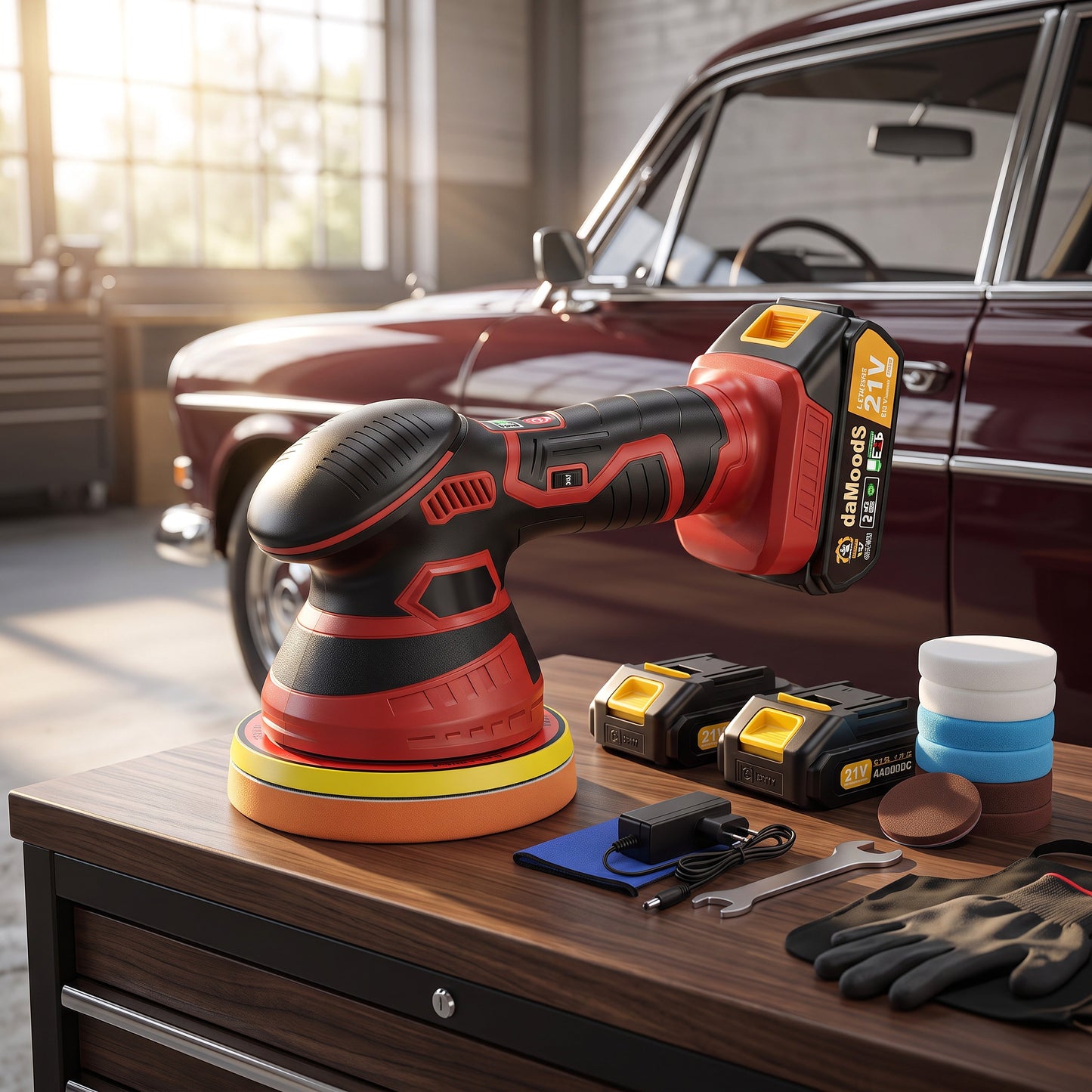 Battery-Powered Orbital Car Polisher with Variable Speed and Foam Pad Kit
