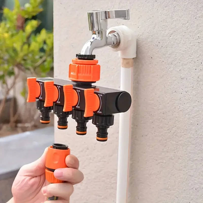 Four Way Garden Hose Splitter with Individual Valve Control and Quick Connect