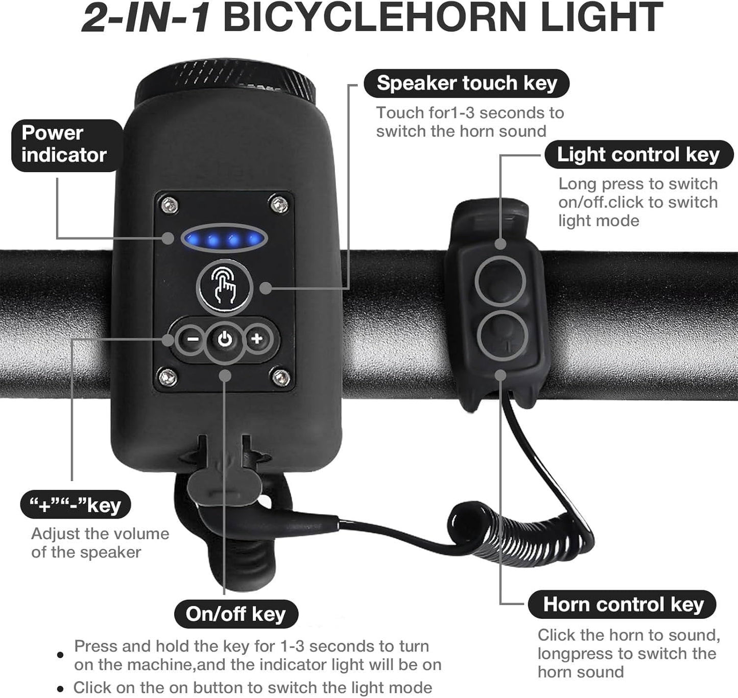 Bike Horn and Floodlight with 110dB Sound and 30m Beam, Water Resistant