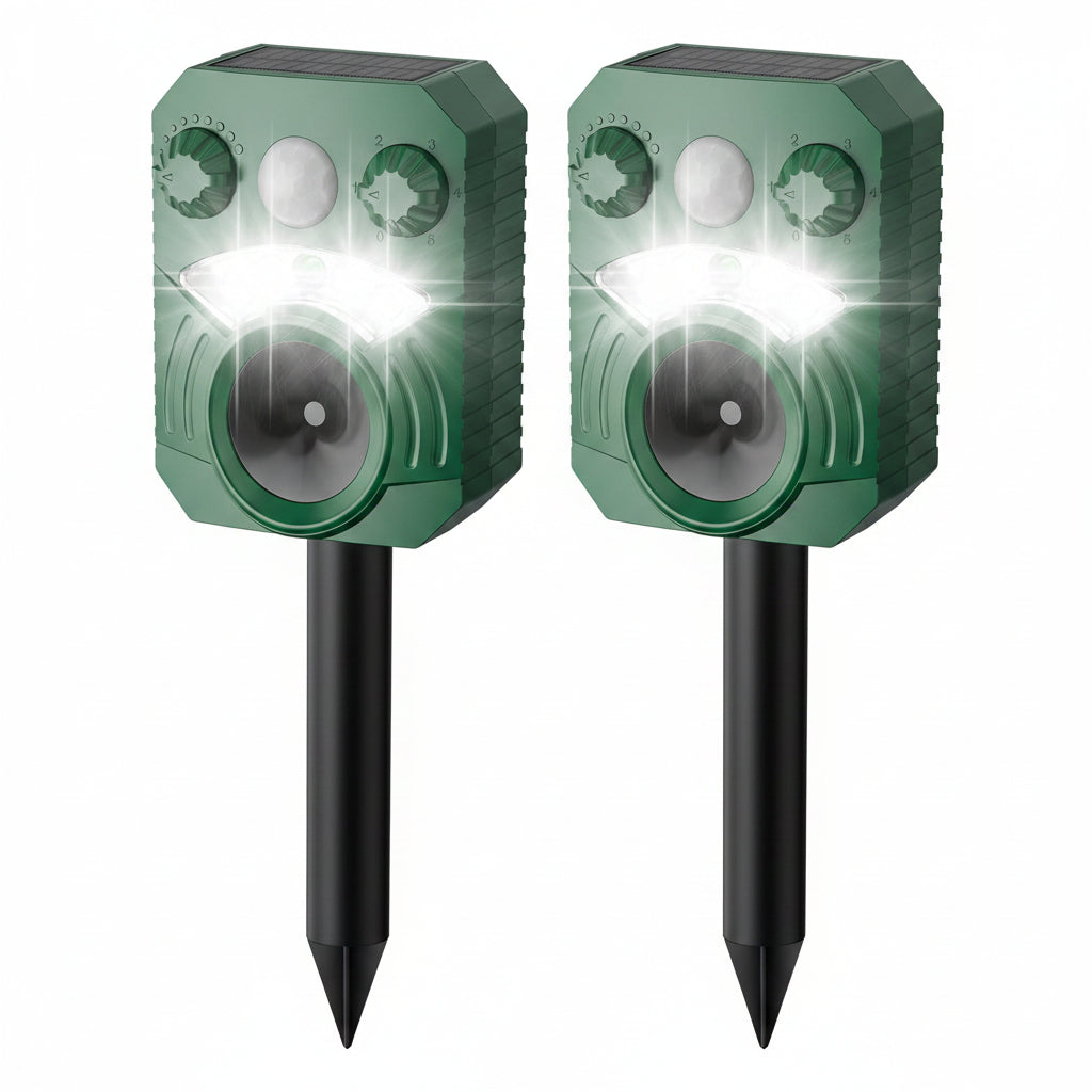 Motion Activated Animal Deterrent with Solar Power and Light Flash, 5 Frequency Modes