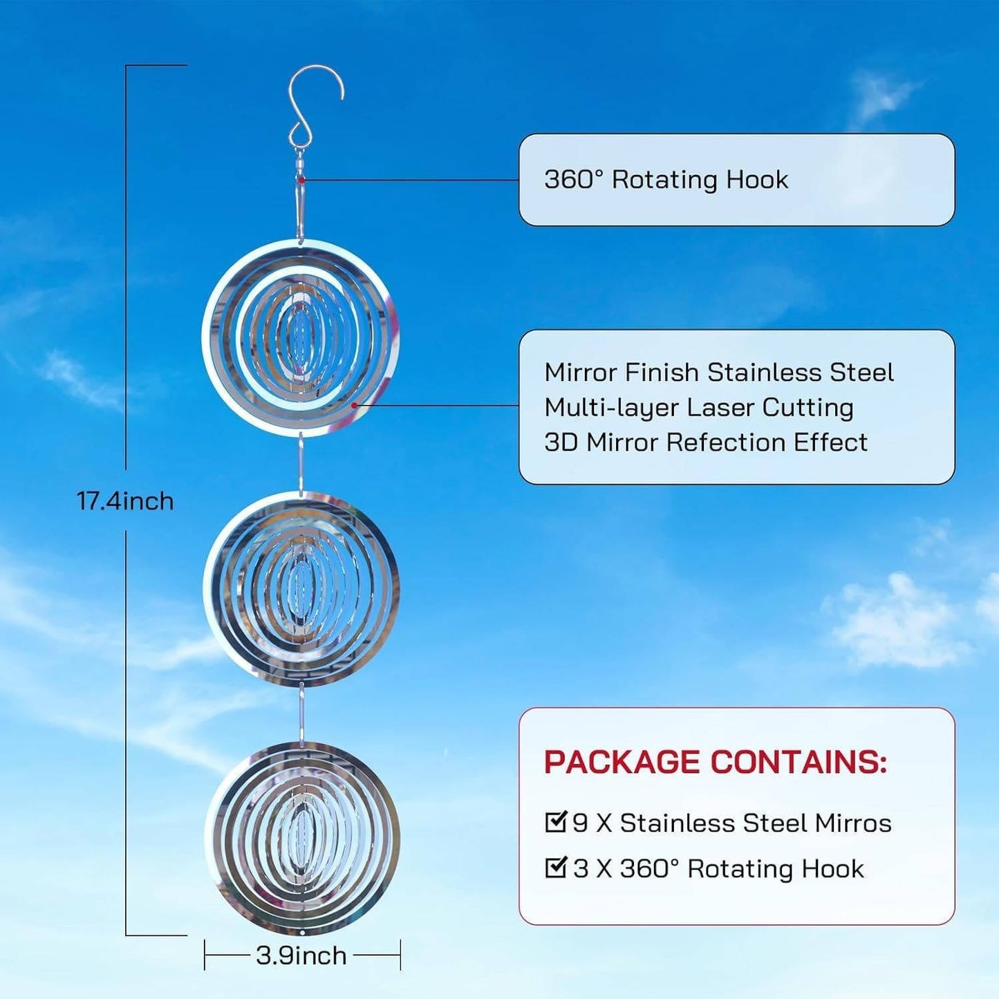 Rotating Reflective Bird Deterrent with 3D Mirror Panels and Swivel Hook
