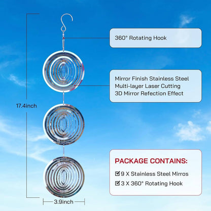 Rotating Reflective Bird Deterrent with 3D Mirror Panels and Swivel Hook