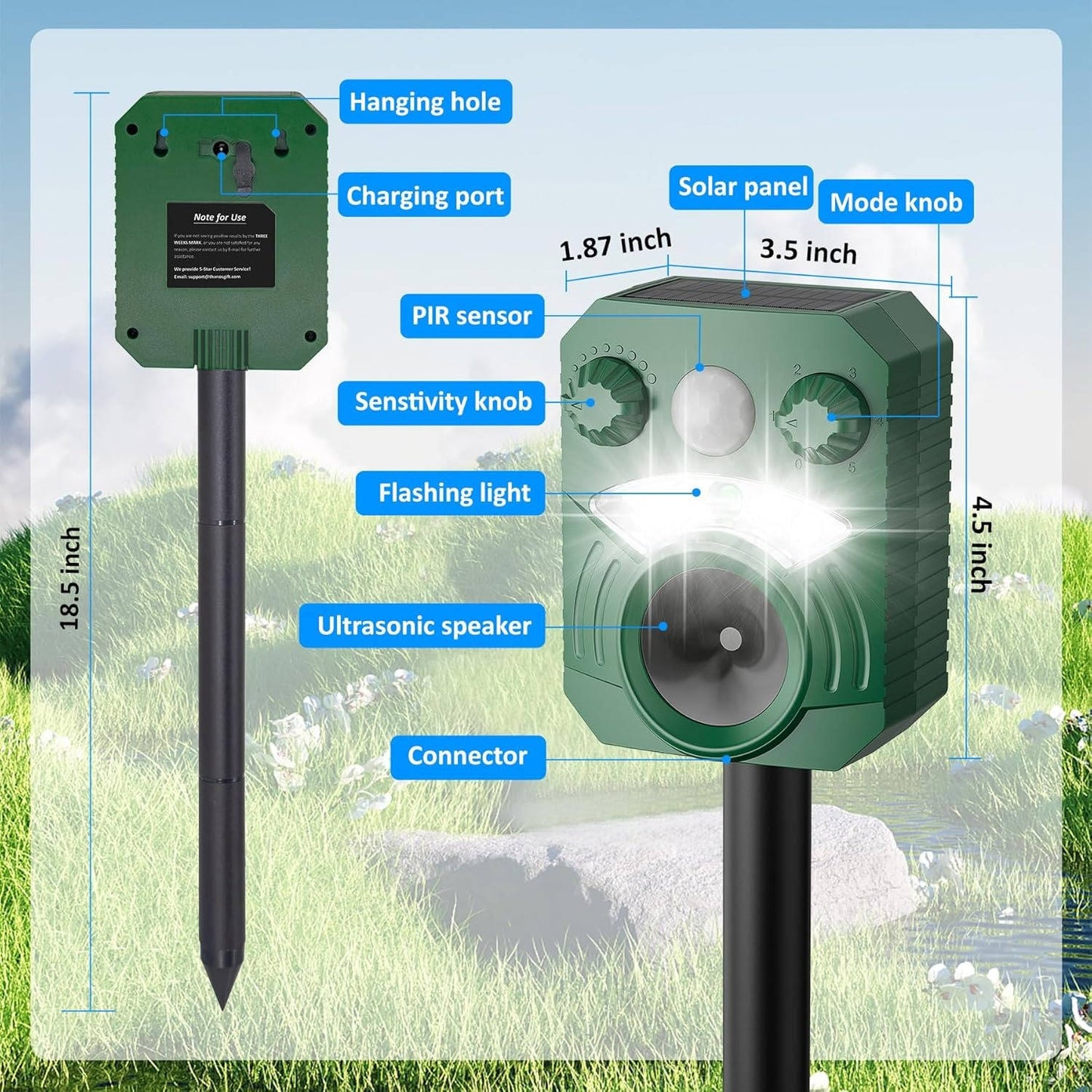 Motion Activated Animal Deterrent with Solar Power and Light Flash, 5 Frequency Modes