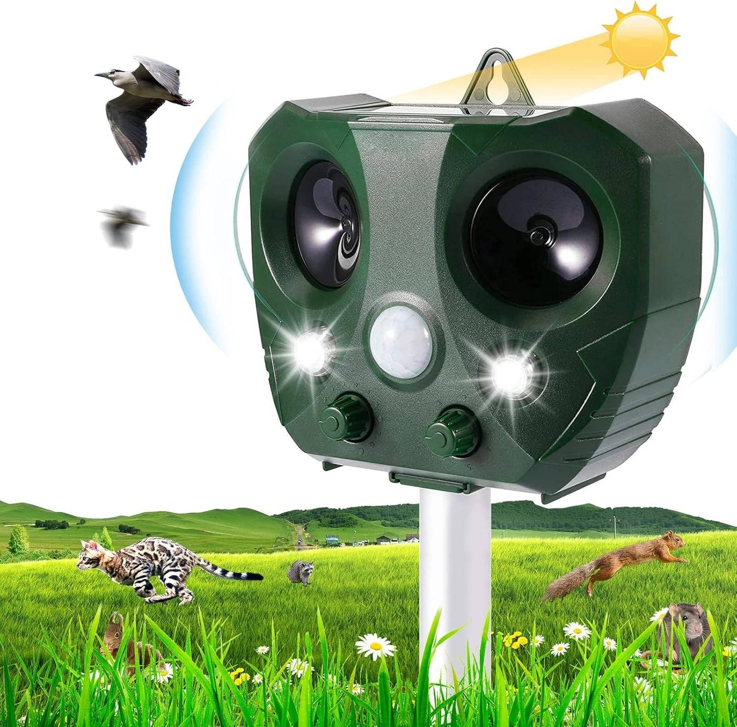 Motion Activated Ultrasonic Pest Defender with Solar Charging and LED Lights
