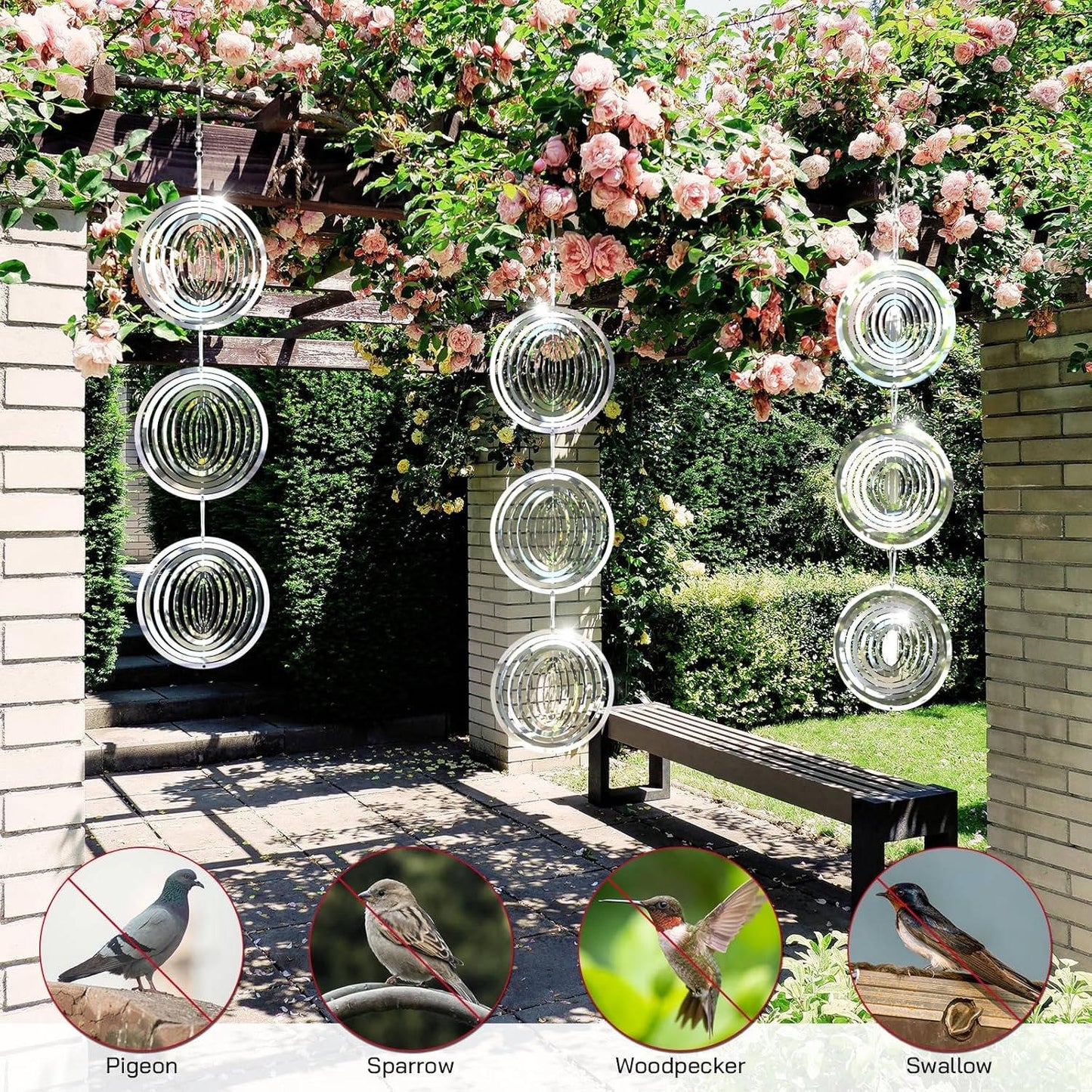 Rotating Reflective Bird Deterrent with 3D Mirror Panels and Swivel Hook
