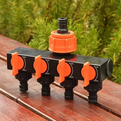 Four Way Garden Hose Splitter with Individual Valve Control and Quick Connect