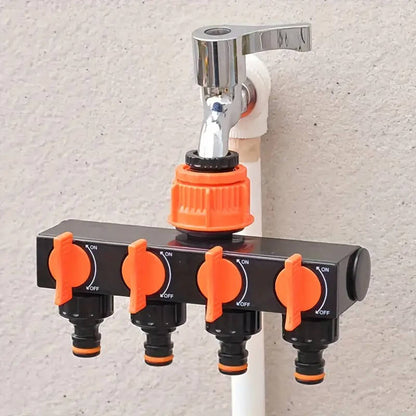 Four Way Garden Hose Splitter with Individual Valve Control and Quick Connect