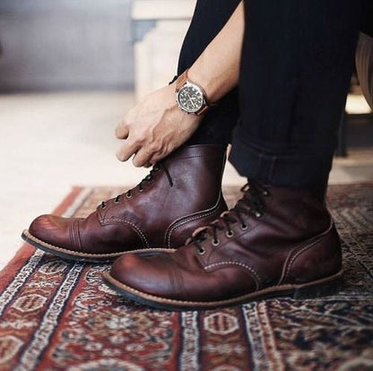Brogue Lace-Up Boots with Round Toe and Mid-Calf Height, Rubber Outsole