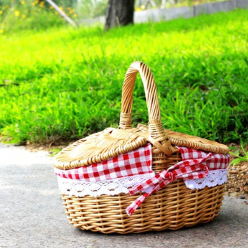 Oval Wicker Basket with Dual Lids and Removable Cotton Liner