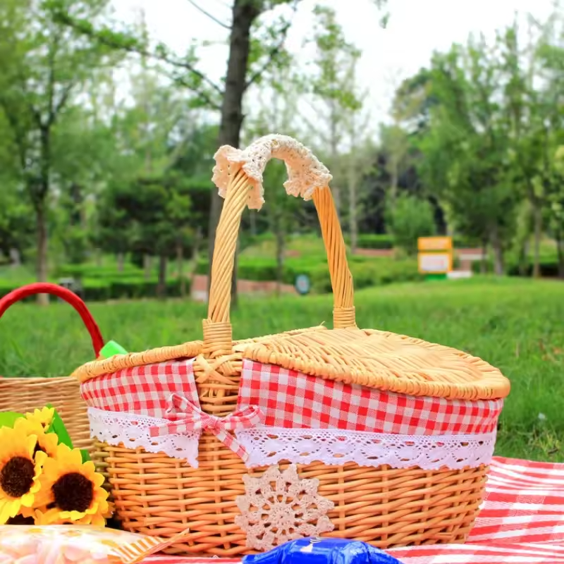 Oval Wicker Basket with Dual Lids and Removable Cotton Liner