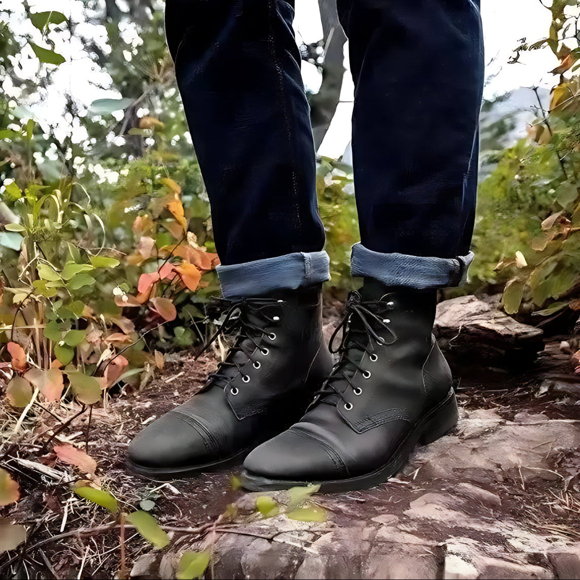 Brogue Lace-Up Boots with Round Toe and Mid-Calf Height, Rubber Outsole