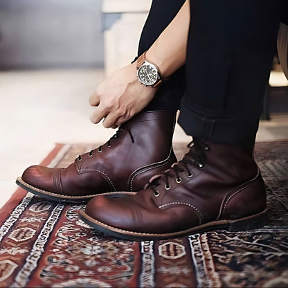 Brogue Lace-Up Boots with Round Toe and Mid-Calf Height, Rubber Outsole