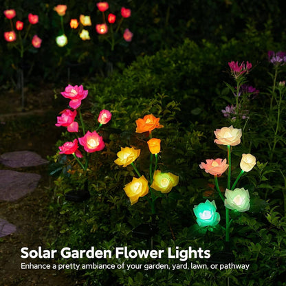 Solar Rose Garden Lights with 7 Color LED and Auto Dusk Sensor, 3 Pack Pathway Stake