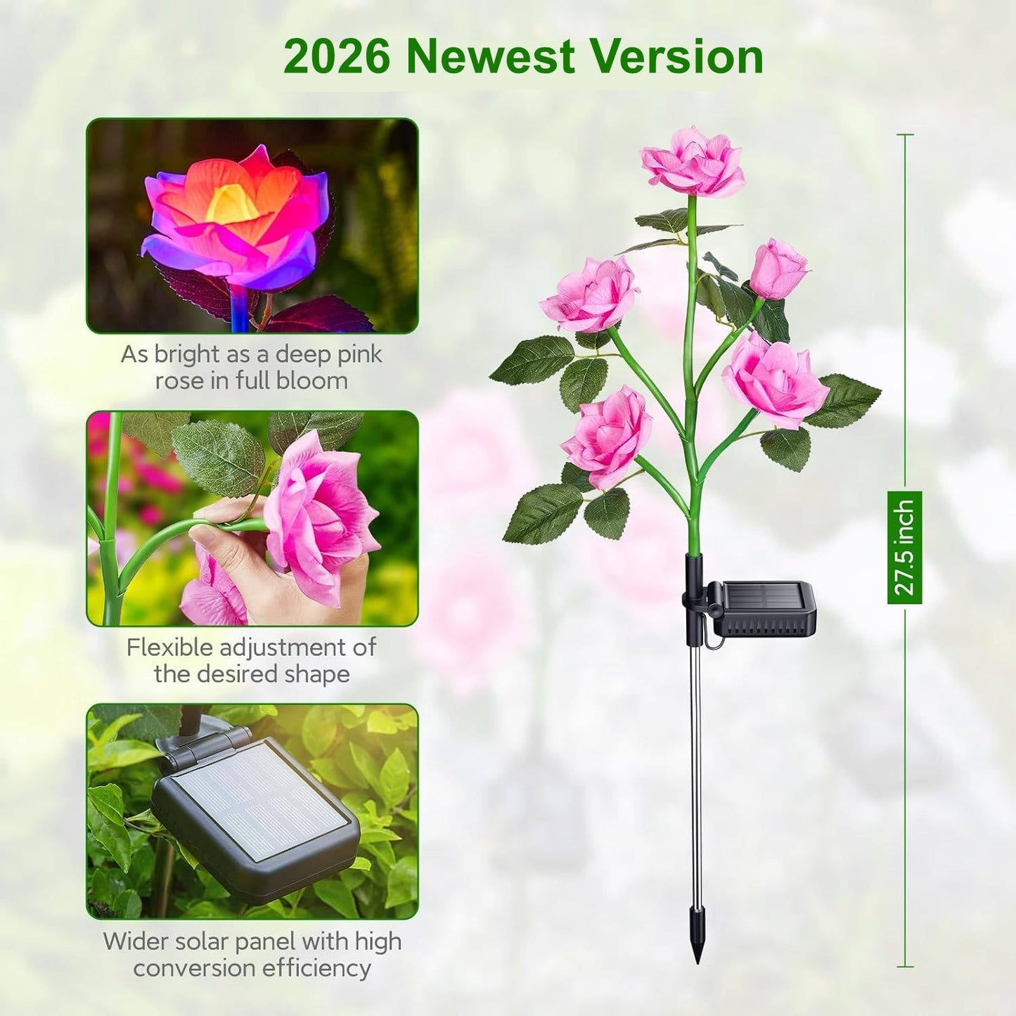Solar Rose Garden Lights with 7 Color LED and Auto Dusk Sensor, 3 Pack Pathway Stake