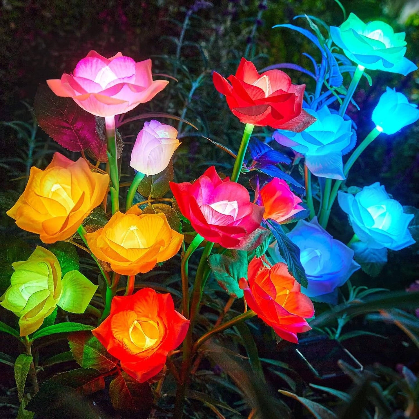 Solar Rose Garden Lights with 7 Color LED and Auto Dusk Sensor, 3 Pack Pathway Stake
