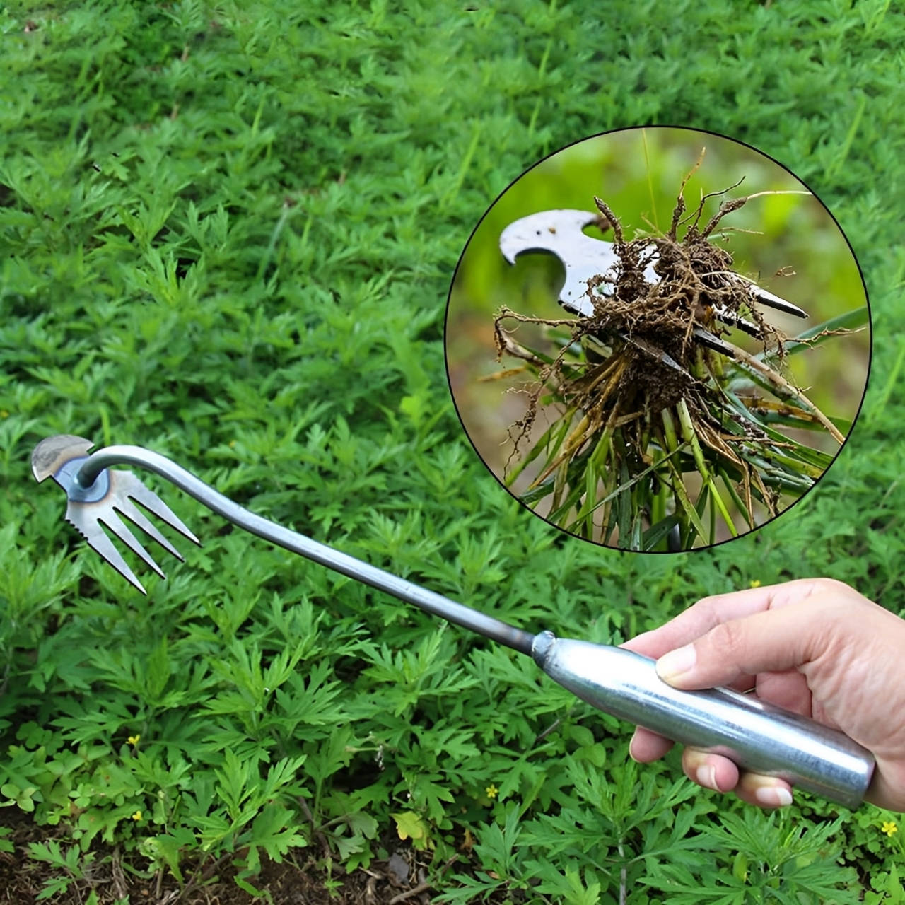 Steel Garden Weed Extractor with Four-Tooth Head and Extended Handle