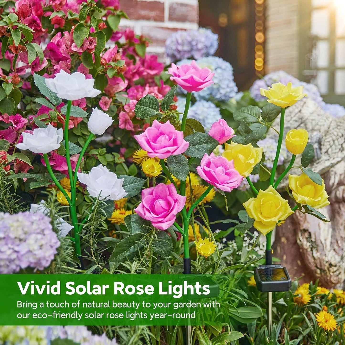 Solar Rose Garden Lights with 7 Color LED and Auto Dusk Sensor, 3 Pack Pathway Stake