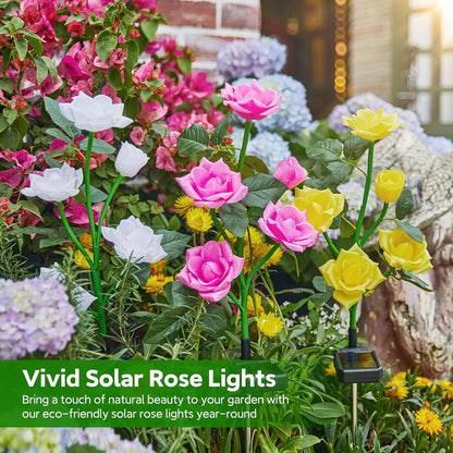 Solar Rose Garden Lights with 7 Color LED and Auto Dusk Sensor, 3 Pack Pathway Stake
