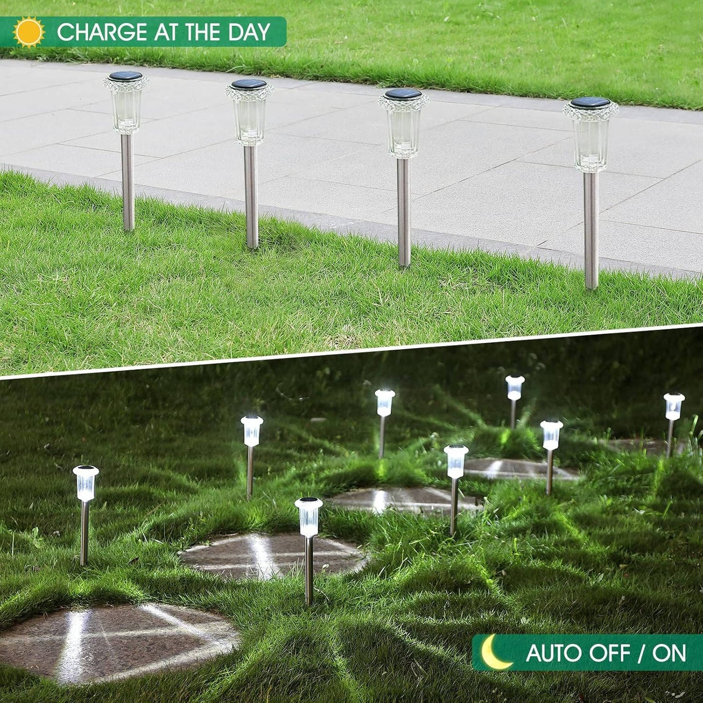 Solar Pathway Lights with Automatic Dusk to Dawn Sensor and Cool White LED, 10-Pack