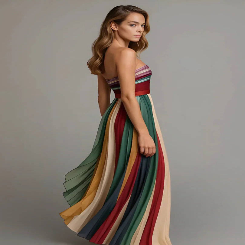 Strapless Maxi Dress with Internal Boning and Vertical Stripe Design, Floor Length