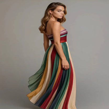Strapless Maxi Dress with Internal Boning and Vertical Stripe Design, Floor Length
