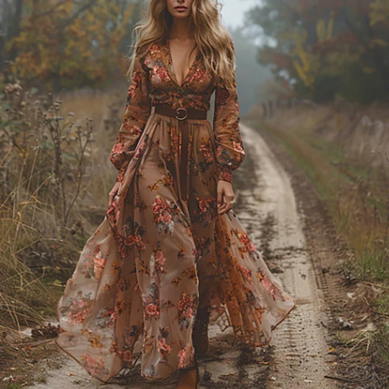 Tiered Chiffon Maxi Dress with Hand-Embroidered Floral Details and Ruffled Hem