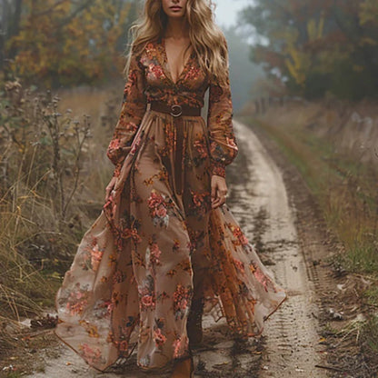 Tiered Chiffon Maxi Dress with Hand-Embroidered Floral Details and Ruffled Hem
