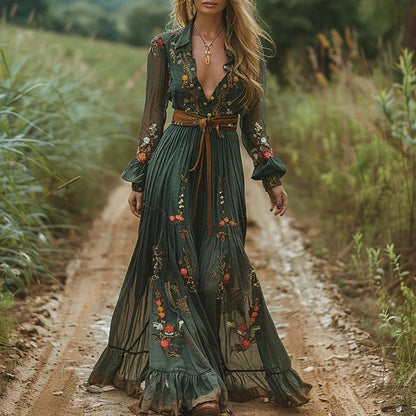 Tiered Chiffon Maxi Dress with Hand-Embroidered Floral Details and Ruffled Hem