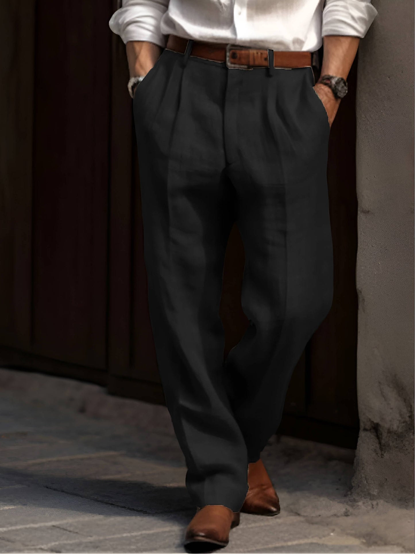 Men's Cotton Linen Pants with Pleated Front and Elastic Waistband