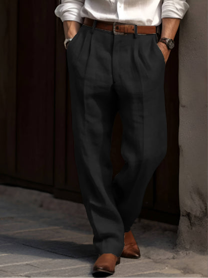 Men's Cotton Linen Pants with Pleated Front and Elastic Waistband