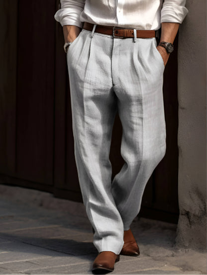 Men's Cotton Linen Pants with Pleated Front and Elastic Waistband