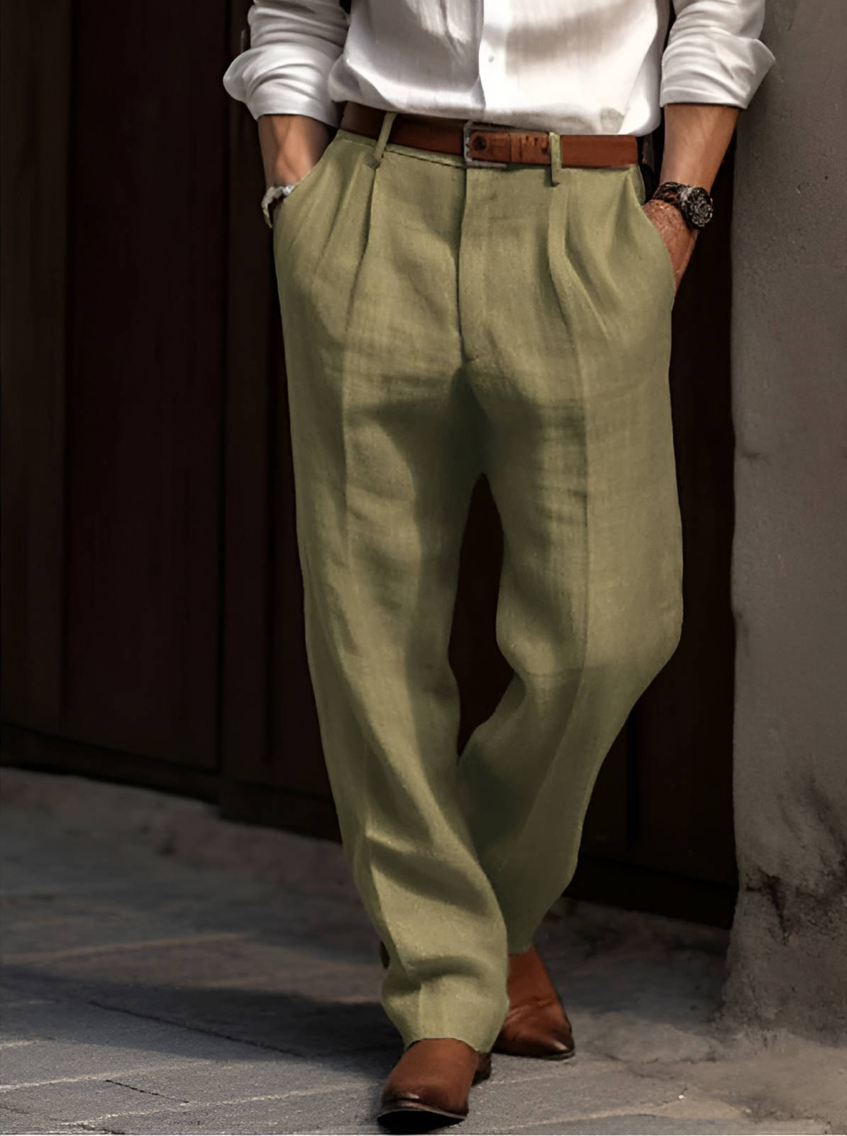 Men's Cotton Linen Pants with Pleated Front and Elastic Waistband