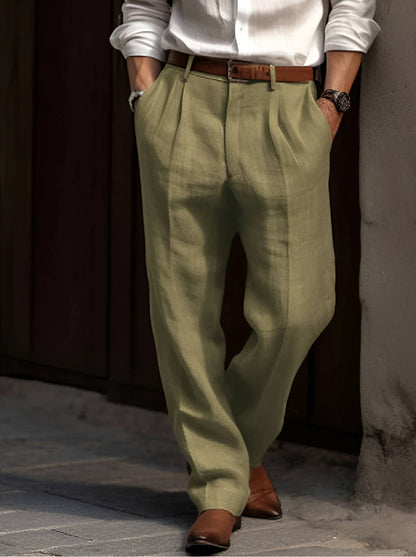Men's Cotton Linen Pants with Pleated Front and Elastic Waistband