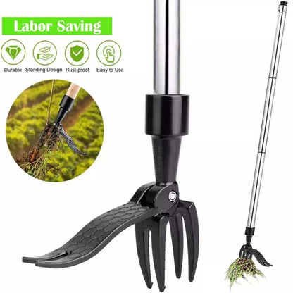 Weed Puller with Four Steel Claws and Foot Pedal, Bamboo Handle