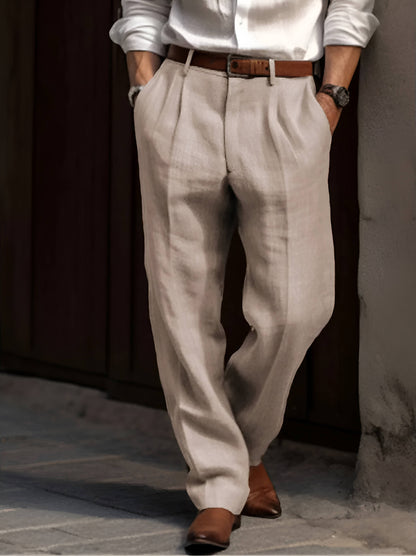 Men's Cotton Linen Pants with Pleated Front and Elastic Waistband