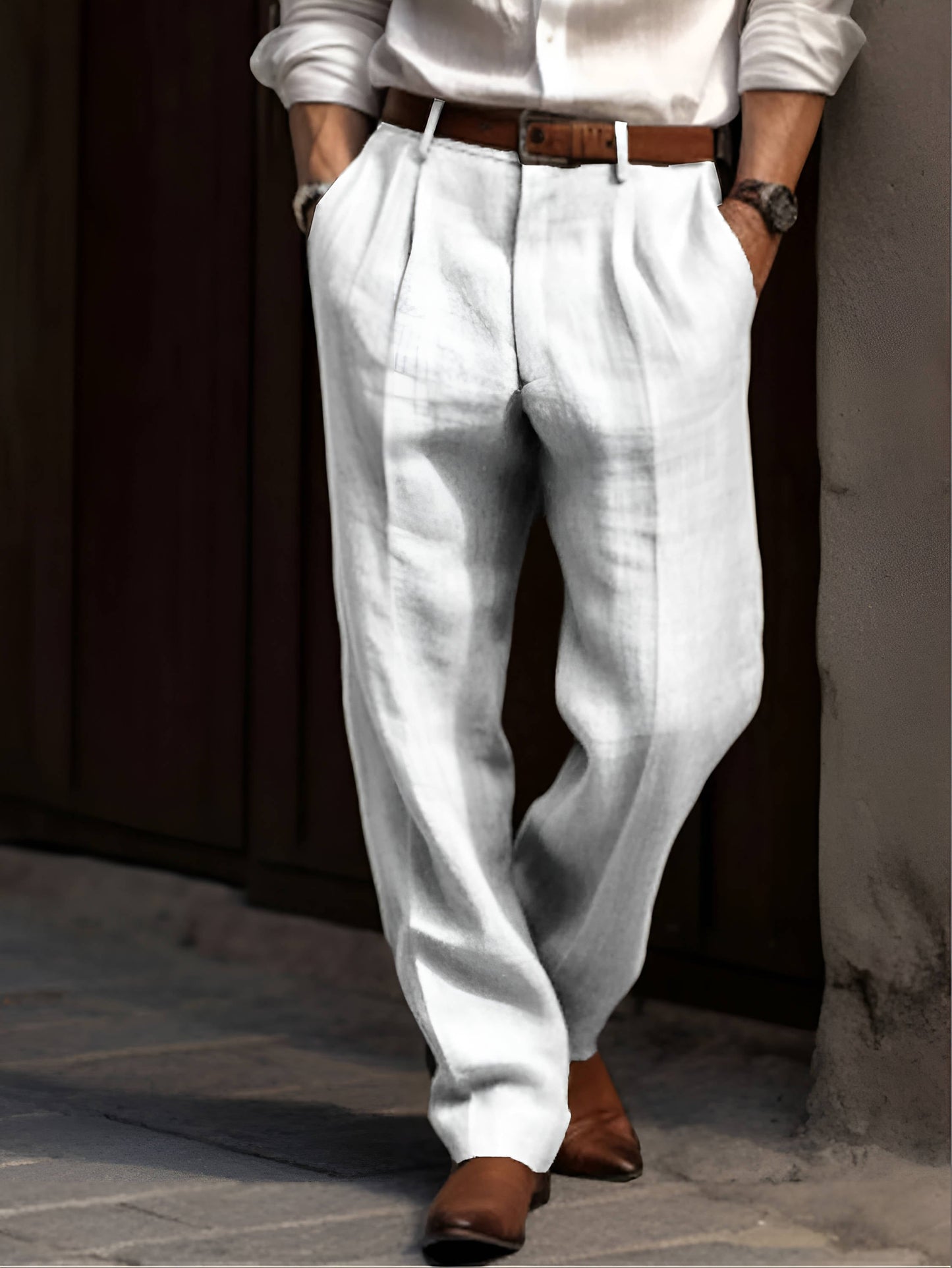 Men's Cotton Linen Pants with Pleated Front and Elastic Waistband
