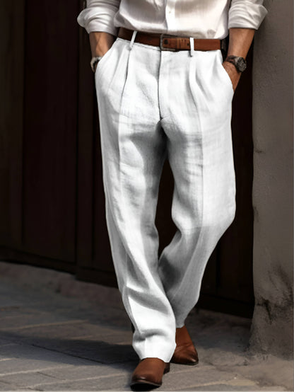 Men's Cotton Linen Pants with Pleated Front and Elastic Waistband