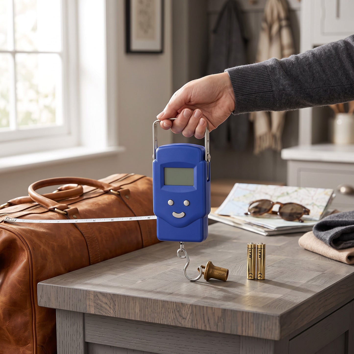 Digital Hanging Scale with Tape Measure and Blue Backlit LCD, 110lb Capacity