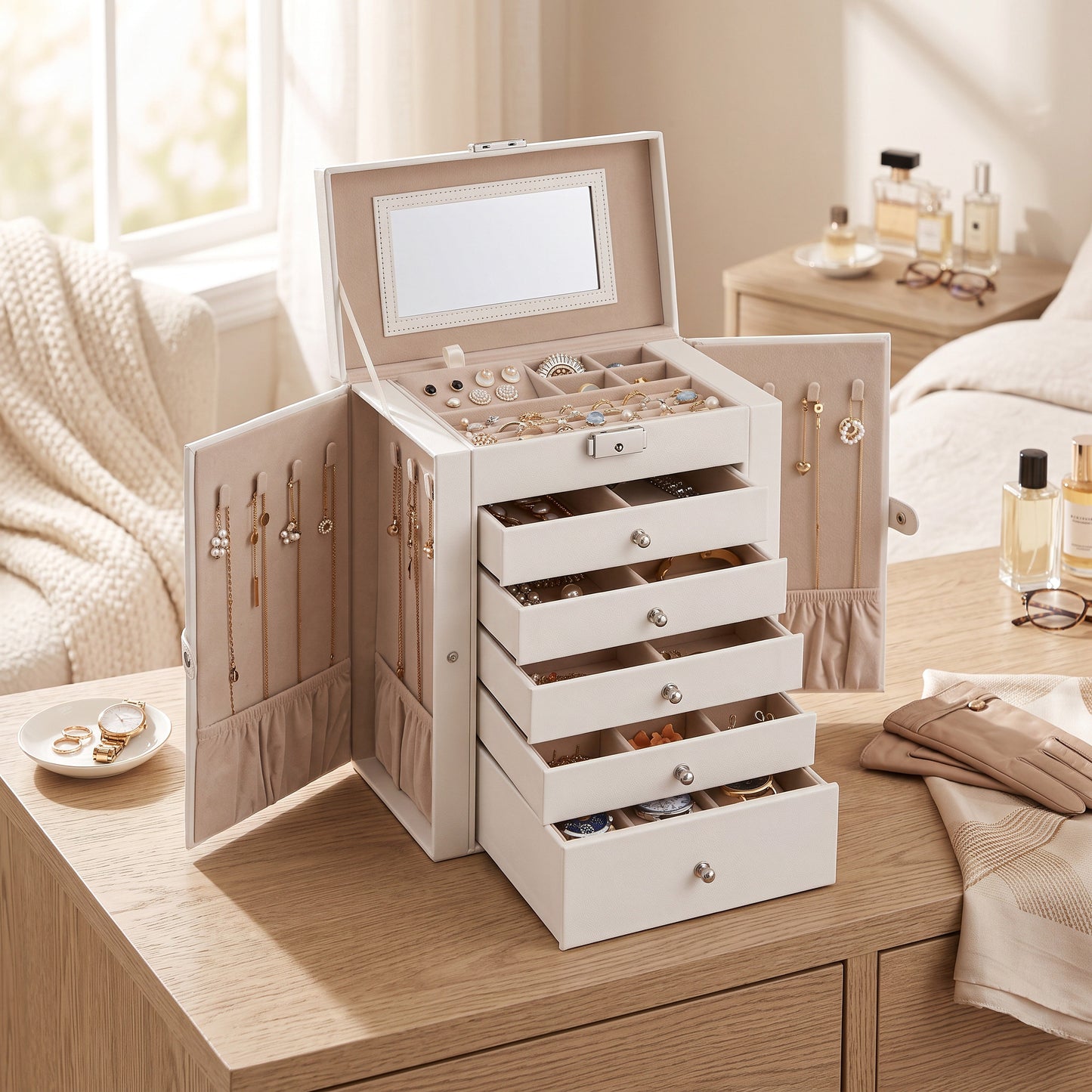 Six-Tier Jewelry Box with Built-In Mirror and Locking Closure