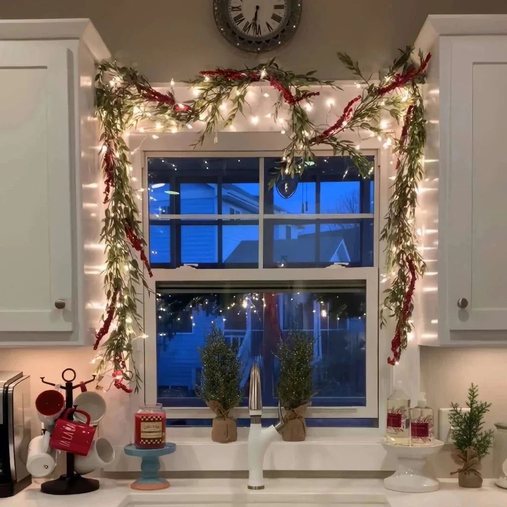 Warm Golden Lighted Garland with Reflective Ornaments and Bendable Wire
